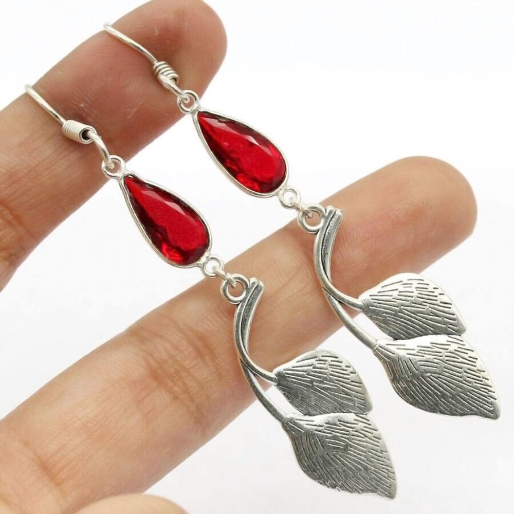 All Handmade Real Garnet 925 Silver Plated Earrings 2.7''